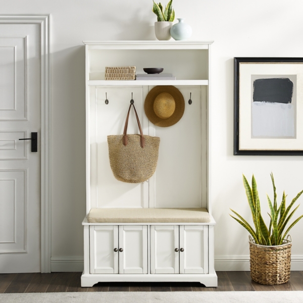 White Wood Hall Tree with Cushioned Bench