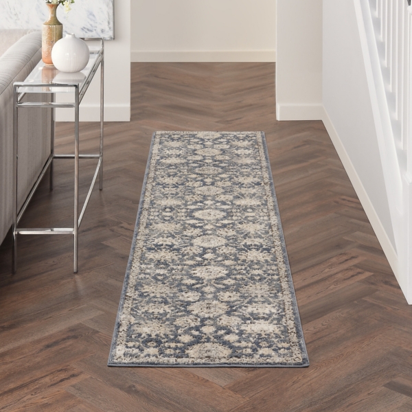 Smokey Blue and Ivory Floral Runner, 2x7