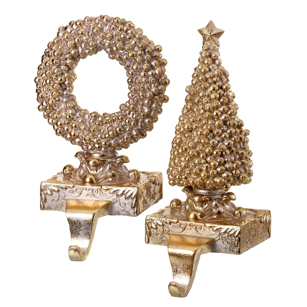 Gilded Tree and Wreath Stocking Holders, Set of 2