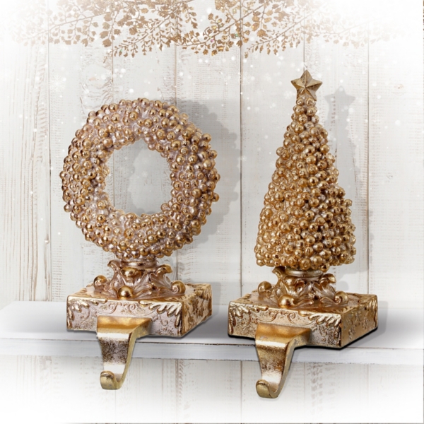 Gilded Tree and Wreath Stocking Holders, Set of 2