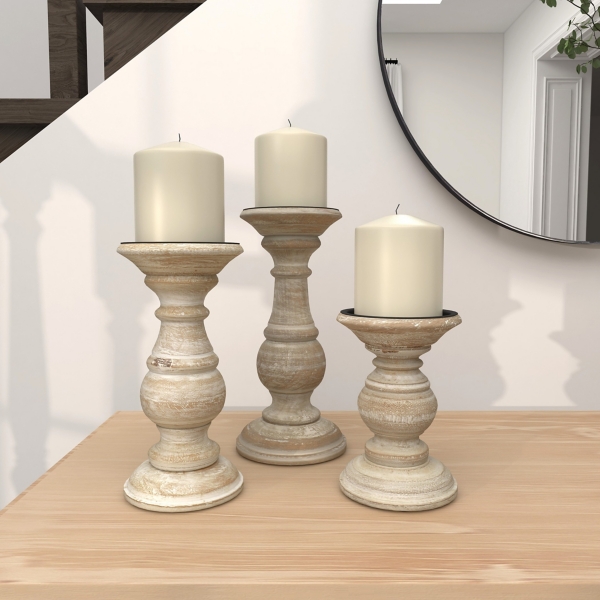Whitewashed Rustic 3-pc. Candle Holder Set