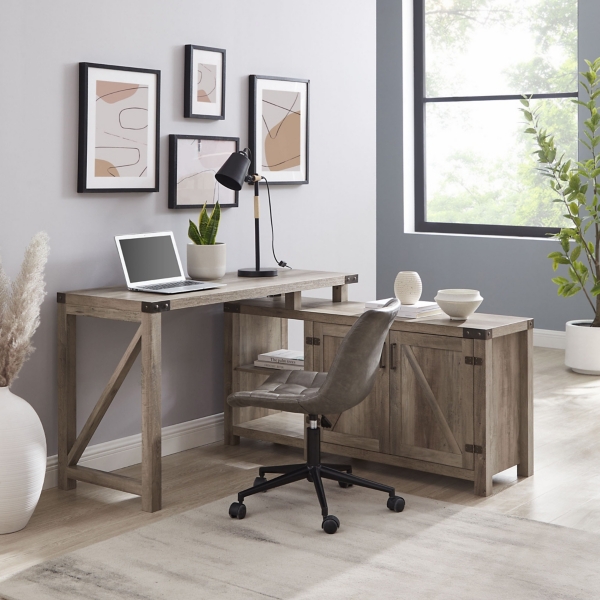 Barn Door Farmhouse Gray L-Shape Desk