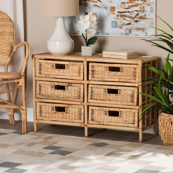 Rustic Drawer Cabinet Storage Cabinet with 5 Rattan Baskets