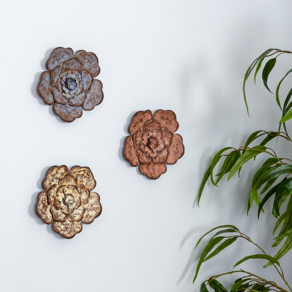 Multicolor Metal Flower Wall Plaques, Set of 3