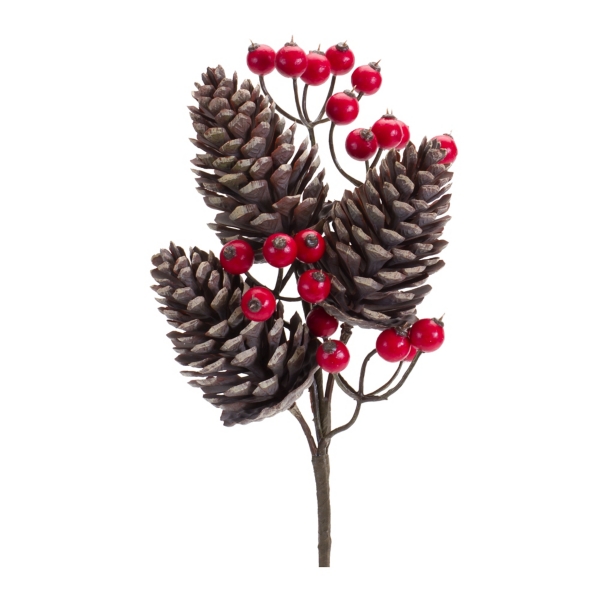 Artificial Pine Cone Set With Flowers For Xmas Tree, Cranberry