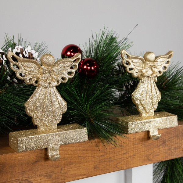 Glittery Gold Angel Stocking Holders, Set of 2
