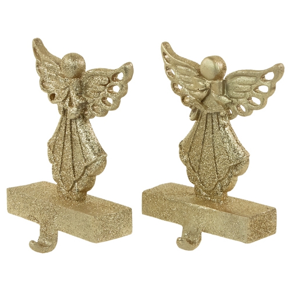 Glittery Gold Angel Stocking Holders, Set of 2