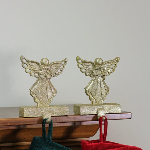 Glittery Gold Angel Stocking Holders, Set of 2