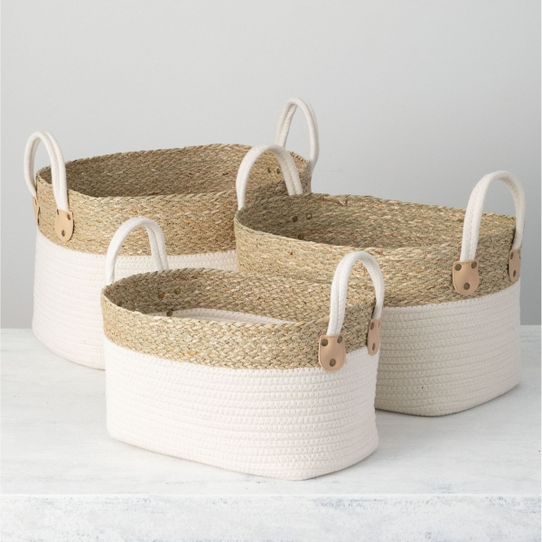 3 Section Bathroom Basket Wicker Baskets for Shelves Seagrass