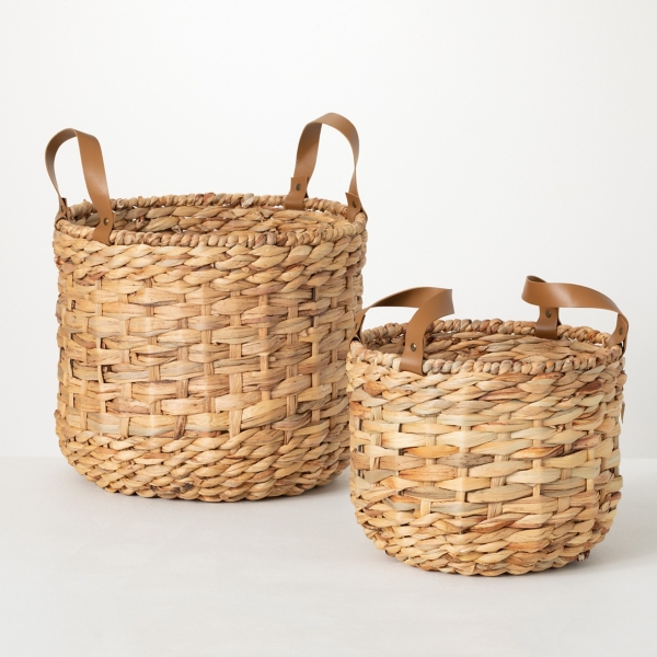 Woven Rattan and Faux Leather Baskets, Set of 2