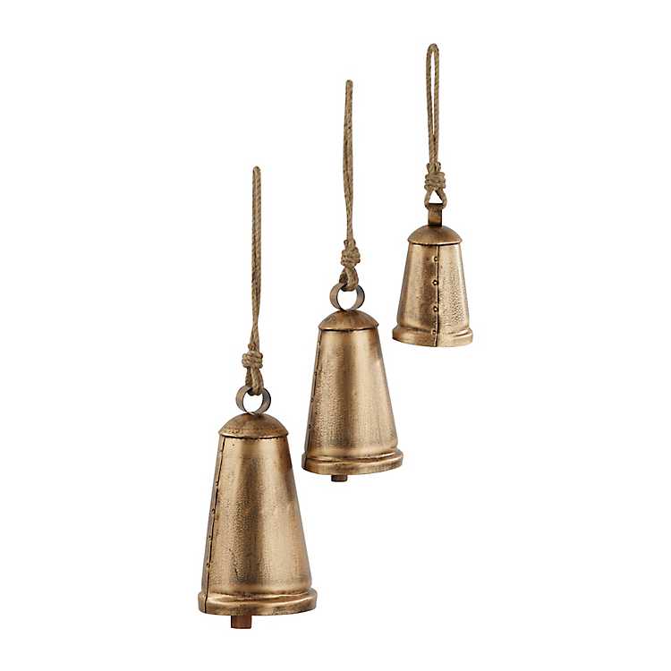 Triangular Aged Gold Hanging Bells, Set of 3