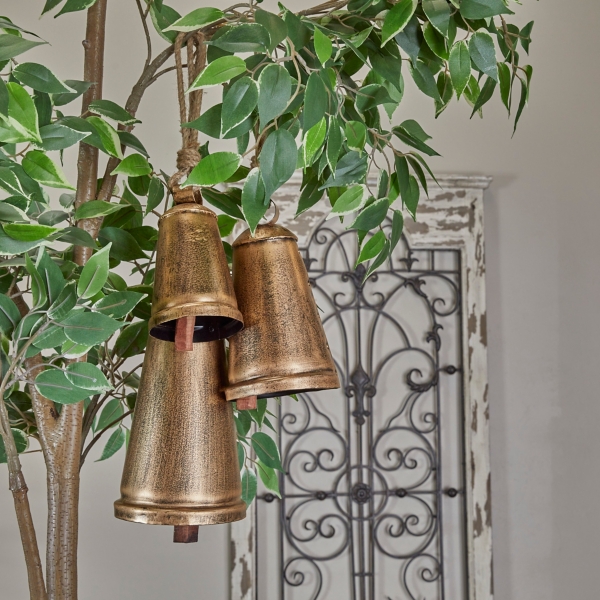 Triangular Aged Gold Hanging Bells, Set of 3