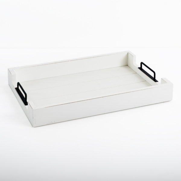 White Slatted Wood & Metal Handles Tray