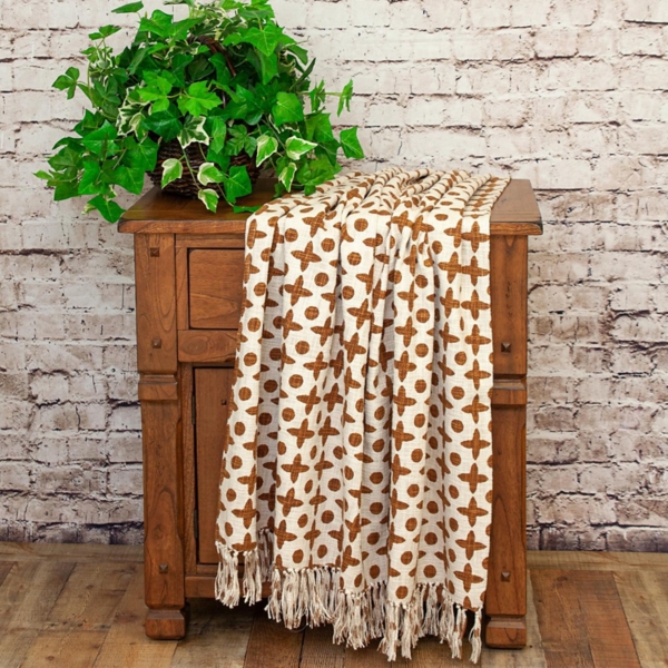 Brown and Beige Patterned Fringe Throw