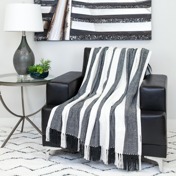 Black Chalet Striped Fringe Throw