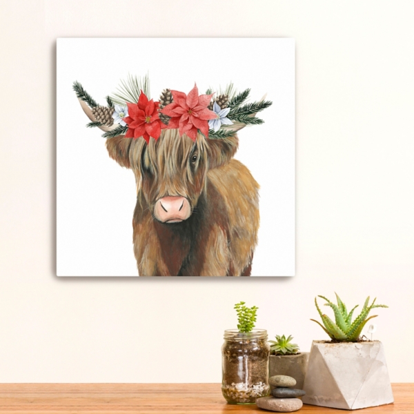 Poinsettia Highland Cow Canvas Art Print