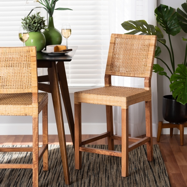 Natural Rattan and Wood Counter Stool