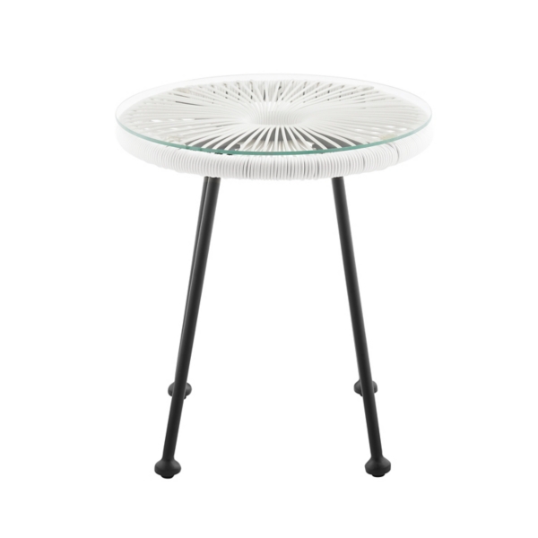 White Wicker and Glass Top Outdoor Side Table