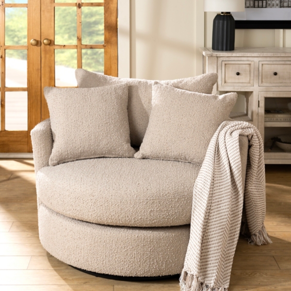Round Sand Boucle Swivel Accent Chair