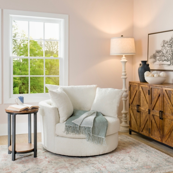 Round Cream Boucle Swivel Accent Chair