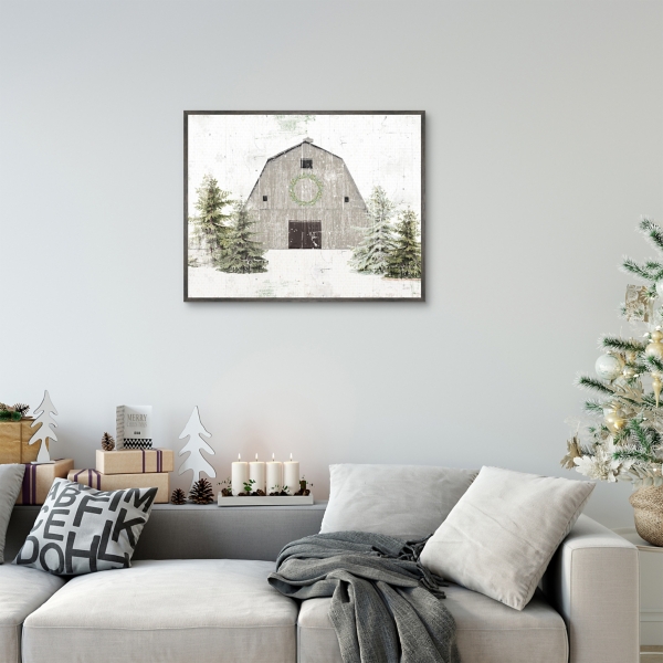 Snowy Gray Barn Christmas Canvas Art Print