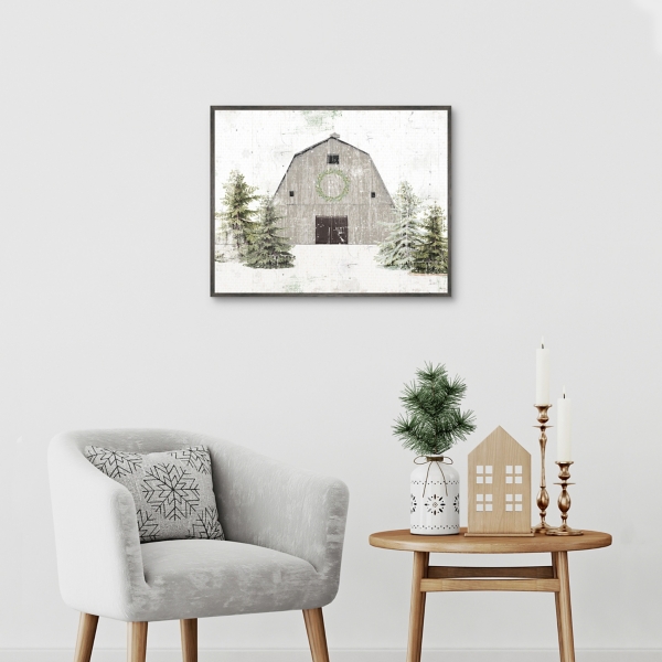 Snowy Gray Barn Christmas Canvas Art Print