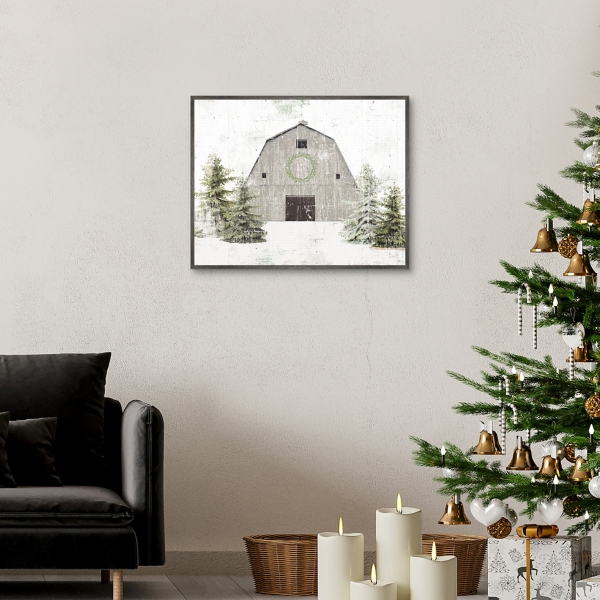 Snowy Gray Barn Christmas Canvas Art Print