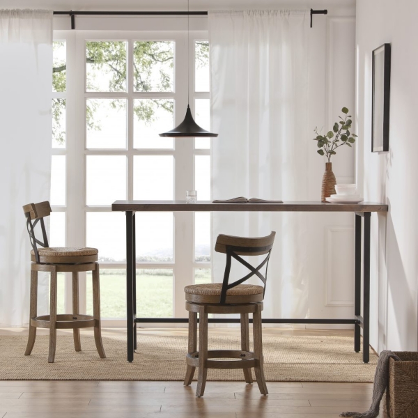 Light Brown Wood and Seagrass Swivel Counter Stool