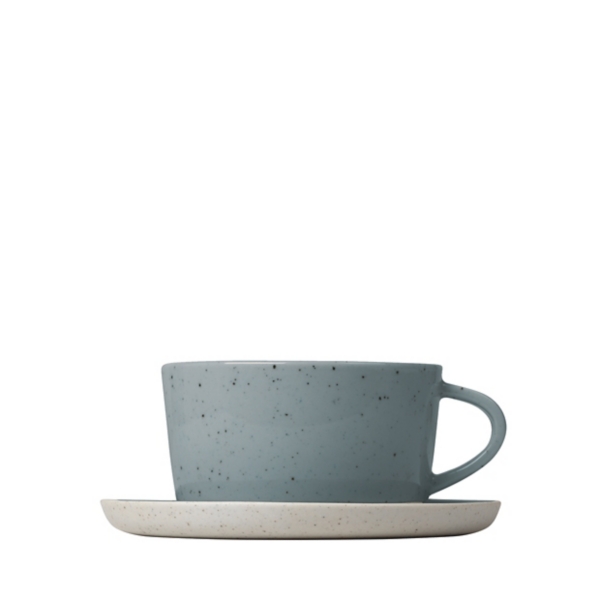 Blue Speckled Ceramic Mugs and Saucers, Set of 2