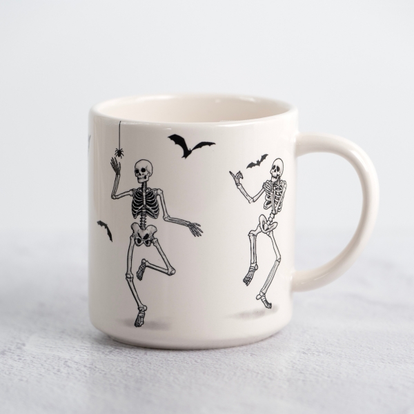 Set of 2 White Ceramic Dancing Skeletons 20-ounce Coffee Mugs