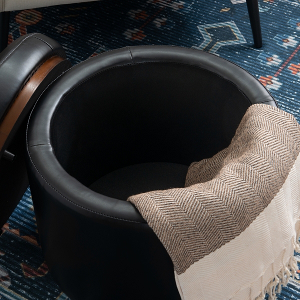 Round Black Faux Leather Storage Ottoman
