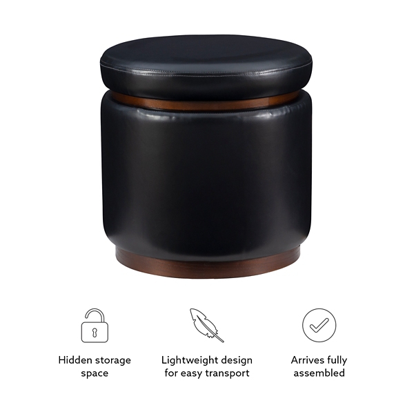 Round Black Faux Leather Storage Ottoman