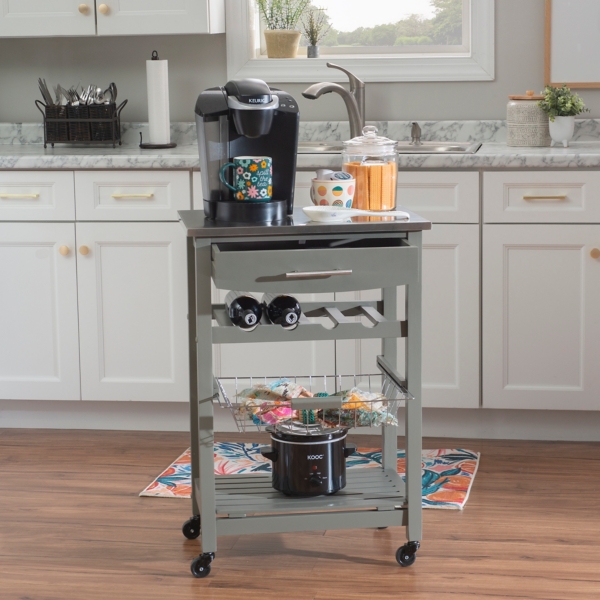 Gray Wood and Stainless Steel Kitchen Cart