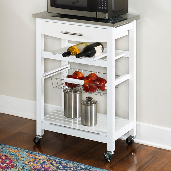 White Wood and Stainless Steel Kitchen Cart