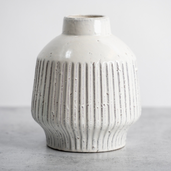 White Glaze Ribbed Terracotta Vase, 12 in.