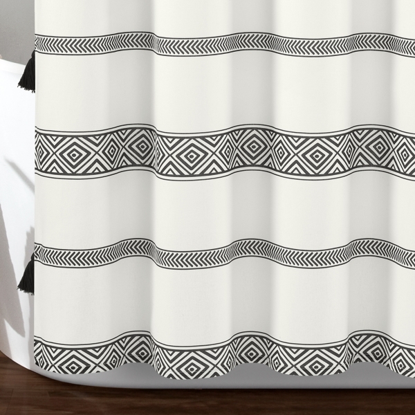 Black and White Striped Boho Shower Curtain