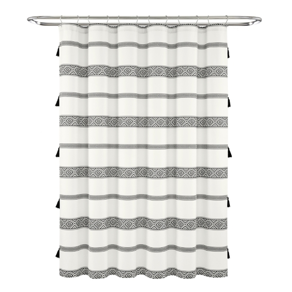 Black and White Striped Boho Shower Curtain