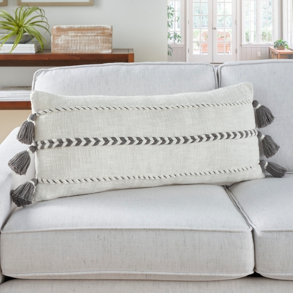 White and Gray Braided Stripe Lumbar Pillow
