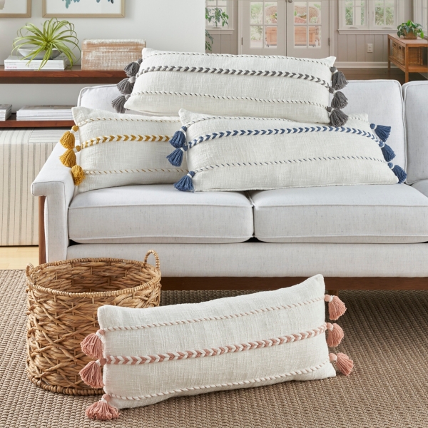 White and Gray Braided Stripe Lumbar Pillow