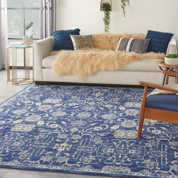 Navy and Beige Botanical Area Rug, 7x9