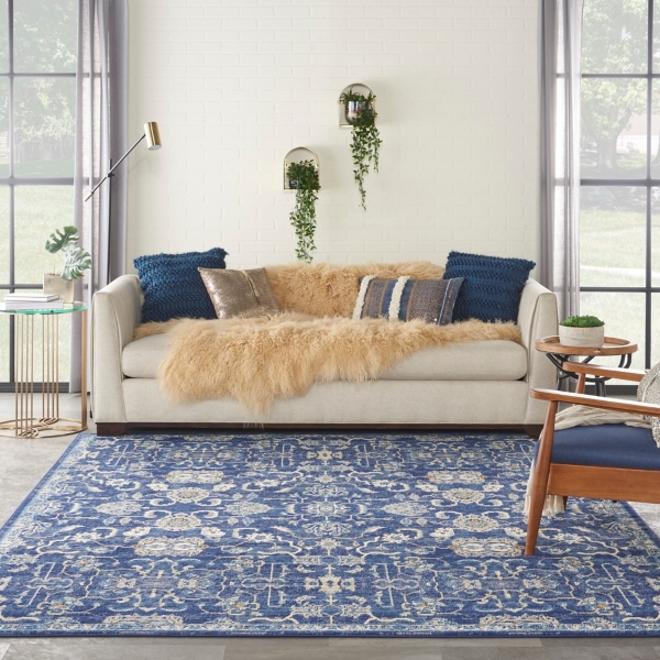 Navy and Beige Botanical Area Rug, 7x9