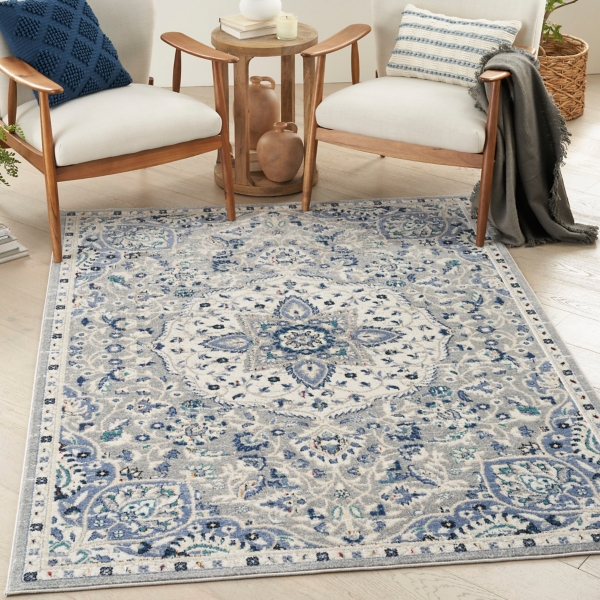Faded Gray & Blue Floral Medallion Area Rug, 5x7