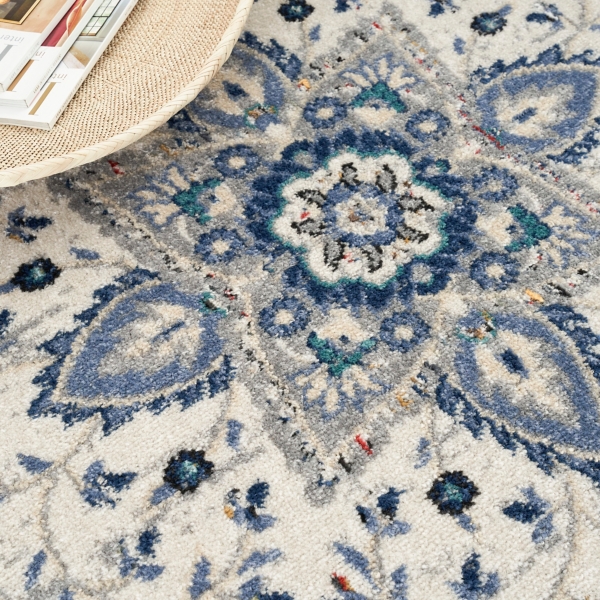 Faded Gray & Blue Floral Medallion Area Rug, 5x7
