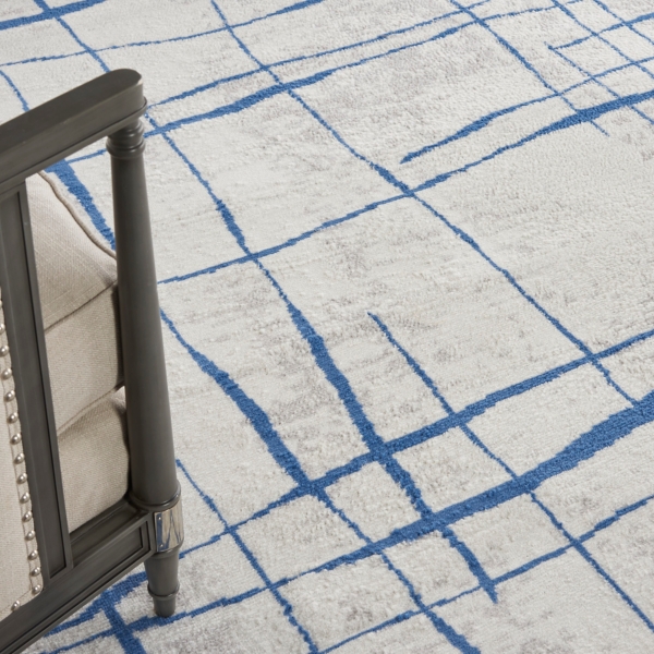 Ivory and Blue Abstract Linear Area Rug, 8x11