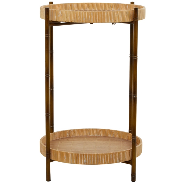 Round Brown Rattan 2-Tier Side Table