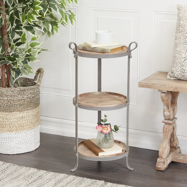 Brown Wood and Gray Metal 3-Tier Side Table