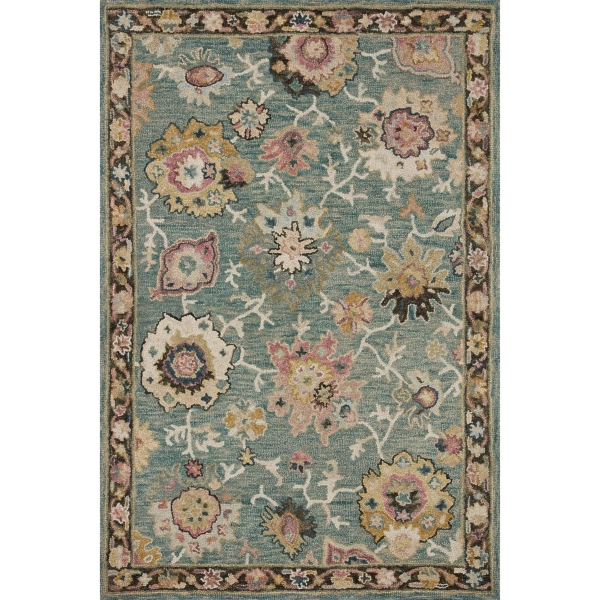 Teal Floral Fernanda Wool Area Rug, 5x7