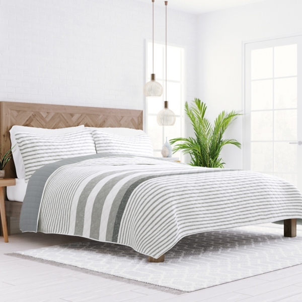Gray Striped Reversible 3-pc. Queen Quilt Set | Kirklands Home
