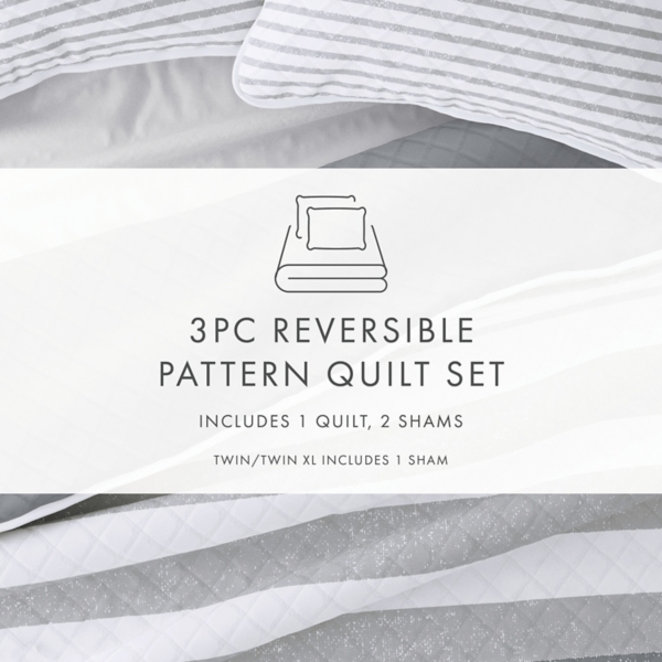 Gray Striped Reversible 3-pc. King Quilt Set