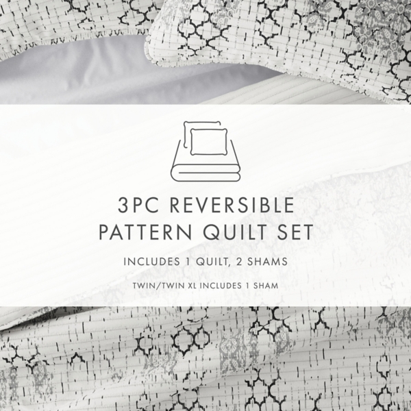 White Trellis Reversible 3-pc. Queen Quilt Set